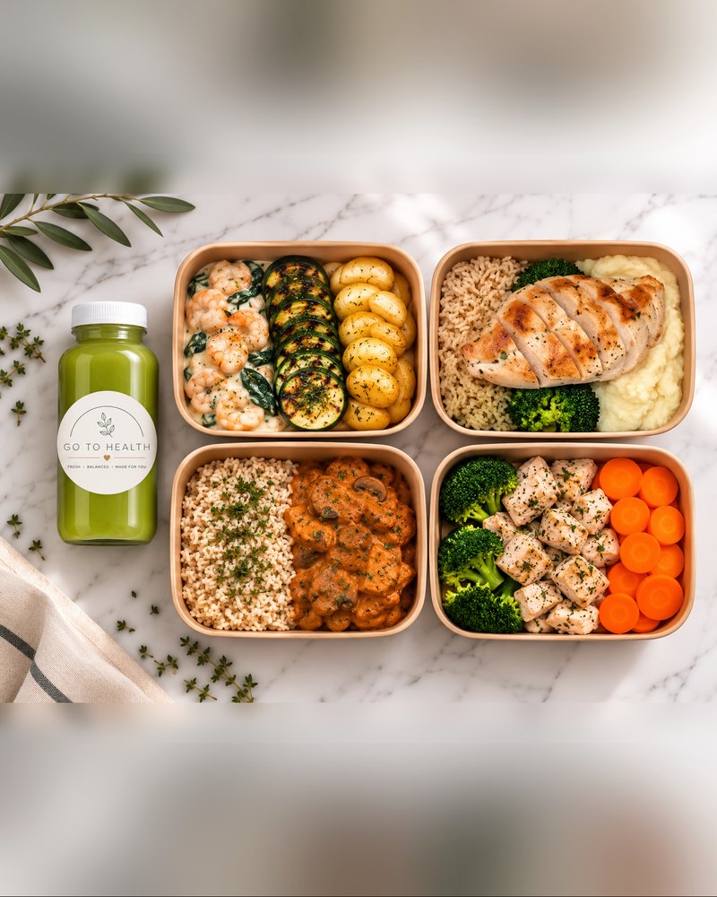 Four Go To Health meals packed in kraft containers beside a green juice