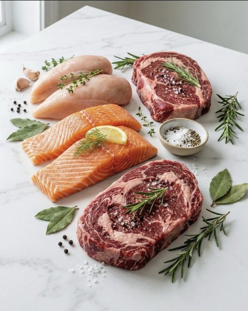 Raw chicken breasts, Scottish salmon fillets and ribeye steaks with herbs on a marble worktop